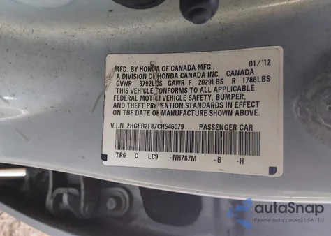 2012 Honda Civic Ex из США, поврежденный, VIN 2HGFB2F87CH546079